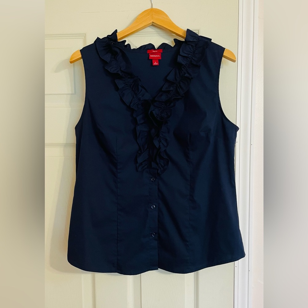 Beautiful Navy Sleeveless Top with Ruffle Collar